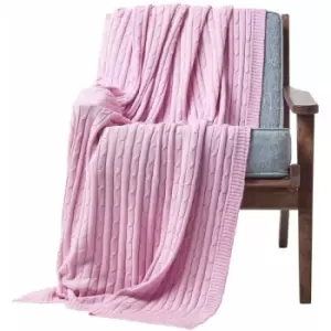 Image of HOMESCAPES Cotton Cable Knit Pastel Pink Throw, 150 x 200cm - Pink