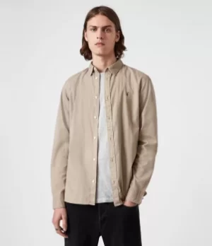 Image of AllSaints Mens Cotton Slim Fit Hawthorne Stretch Shirt, Grey, Size: XL