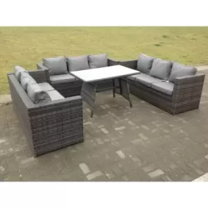 Image of Fimous 9 Seater Outdoor Rattan Lounge Sofa Complete Set with Oblong Dining Table