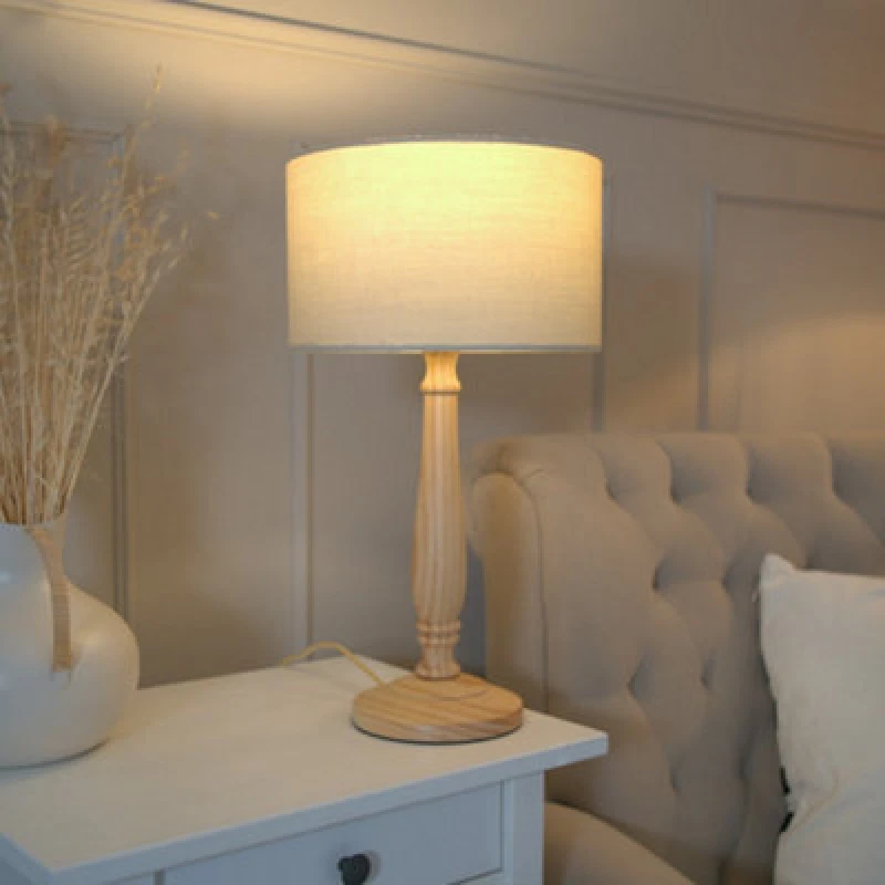 Image of ValueLights Victoria Light Wood Traditional Table Lamp with Fabric Drum Shade and LED Bulb Natural