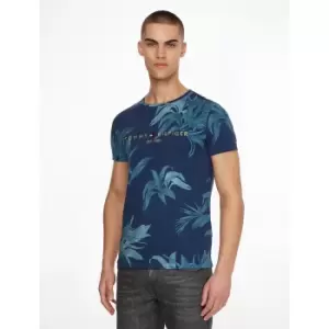 Image of Palm Floral Cotton T-Shirt with Embroidered Logo and Crew Neck