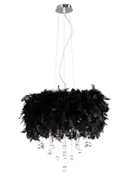 Image of Ibis Ceiling Pendant with Black Feather Shade 3 Light Polished Chrome, Crystal