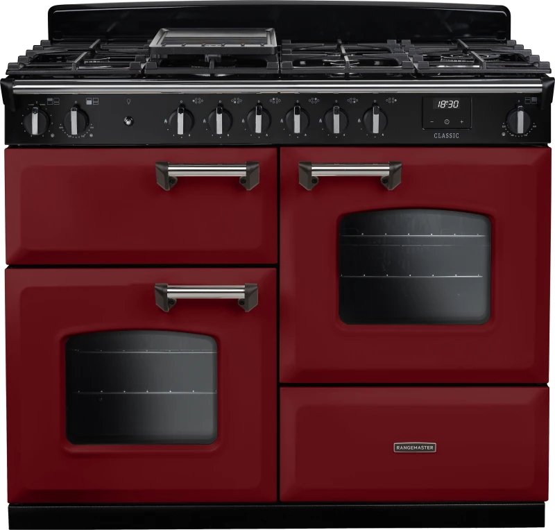 Image of Rangemaster Classic OC CLO110DFPBOR/CM1 110cm wide Dual Fuel Range Cooker with Gas Hob - Bordeaux / Chrome - A Rated