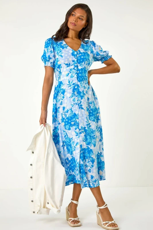 Image of Roman Womens Button Through Floral Shirred Midi Dress in Blue Size: 18 Blue Female 18