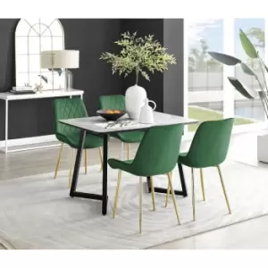 Image of Furniturebox Carson White Marble Effect Recatngular 120cm Dining Table & 4 Green Pesaro Gold Leg Velvet Chairs