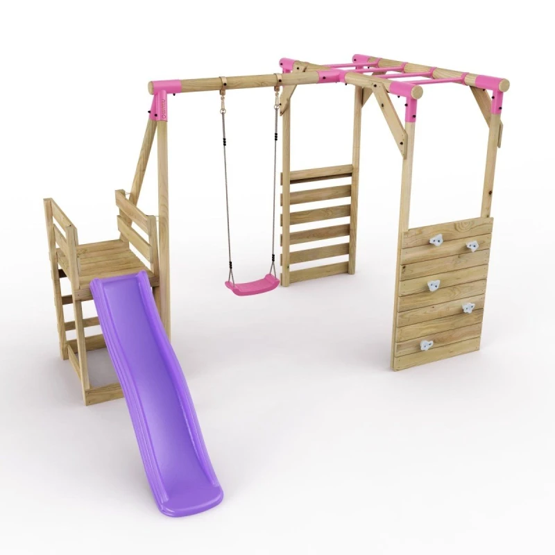 Image of Rebo Wooden Single Swing Set with Monkey Bars and Slide - Solar Pink Pink