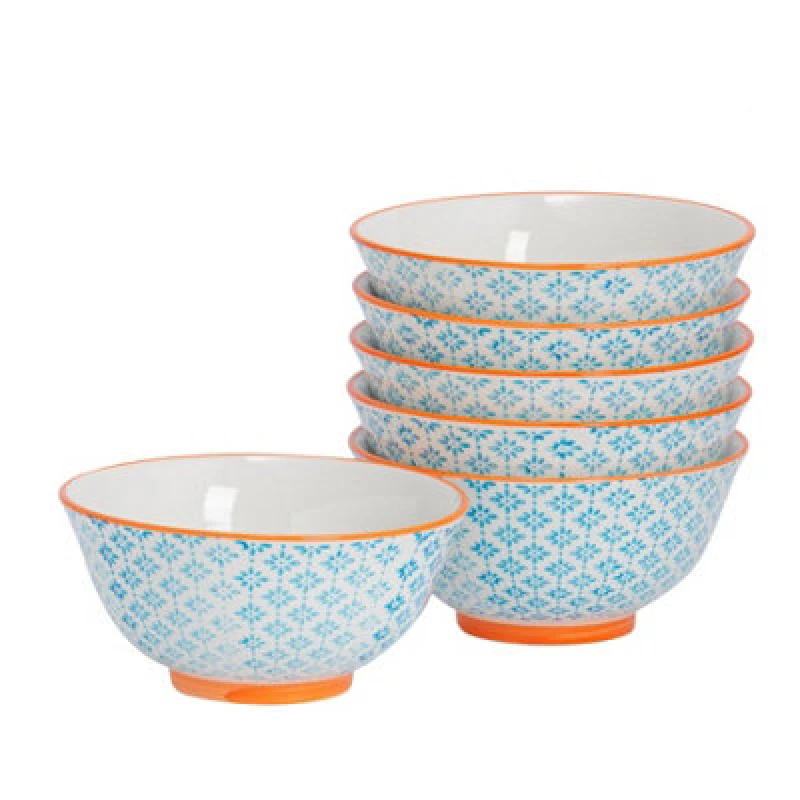 Image of Nicola Spring Hand-Printed Cereal Bowls - 16Cm - Blue - Pack Of 6