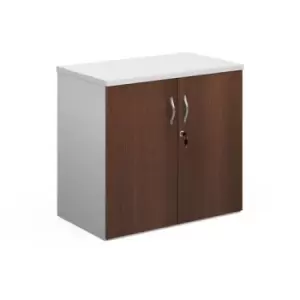 Image of Duo double door cupboard 740mm high with 1 shelf - white with walnut doors
