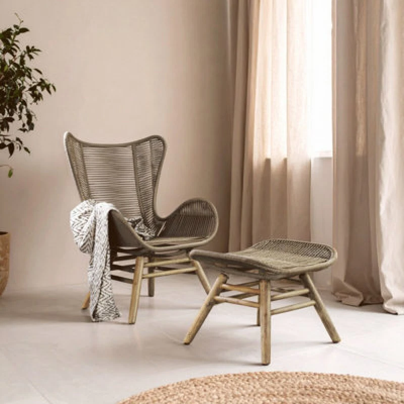 Image of Orsina Latte Rope Lounge Chair And Footstool, High-Back Space-Saver Couch Chair, Space Saving Design Footrest