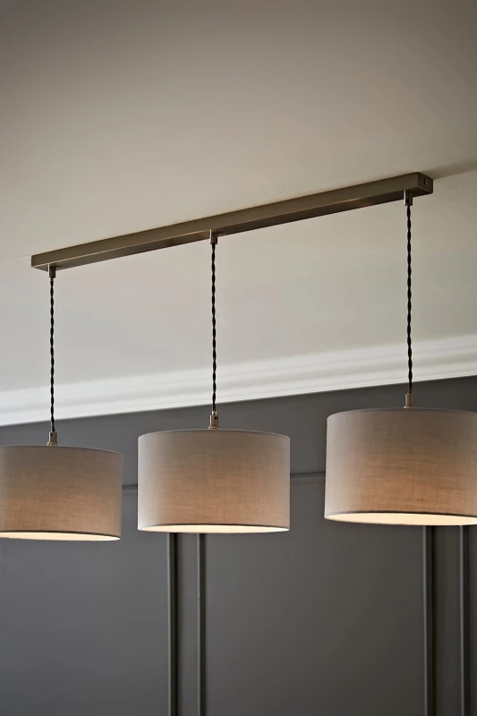 Image of ValueLights ValueLights Reni Fabric Drum Shade 3 Drop Bar Chrome Diner Ceiling Pendant Light in Grey Grey One Size Unisex 5059406063244