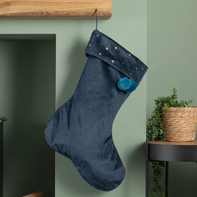 Image of 70cm Hanging Dark Blue Velour Star Print Christmas Stocking with Pom Poms