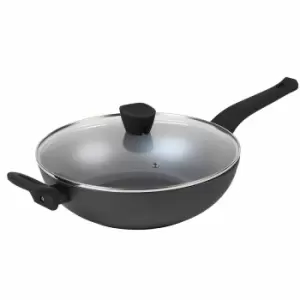 Image of Russell Hobbs 28cm Pearlised Non-Stick Wok with Tempered Glass Lid - Matte Grey