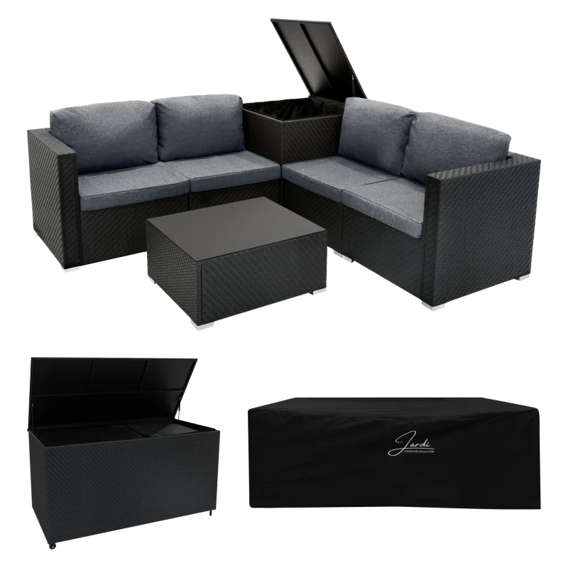 Image of Monstershop Rattan Modular 6 Piece Furniture Set & 700L Storage Box - Black Unisex