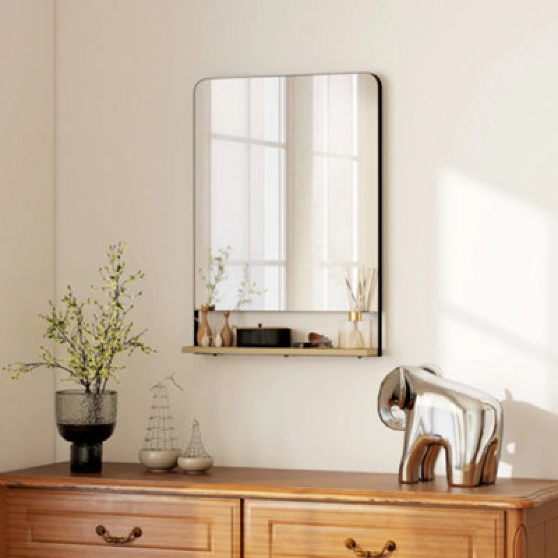 Image of Homcom Decorative Mirror With Wood Shelf, Industrial Wall Mirror, Black