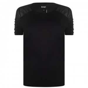 Image of DKNY Mesh Ruched Sleeve Shirt - BLACK
