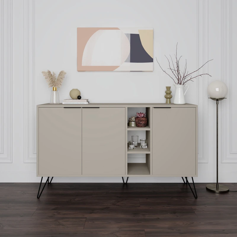 Image of Decortie 3-Doors Sideboard 'Clara' with Metal Hairpin Legs 142cm in Light Sand Size: 2 Pack Light Sand Unisex 2 Pack