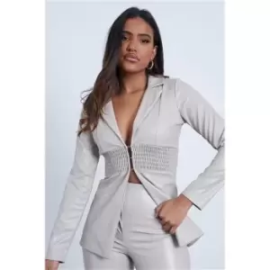 Image of I Saw It First Stone Shirred Waist Faux Leather Blazer - Brown