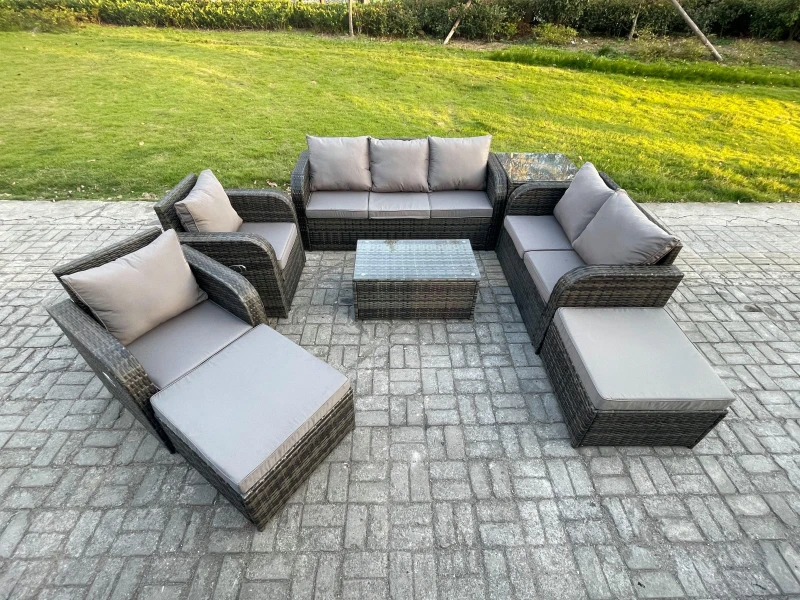 Image of Fimous Patio Garden Furniture Sets Wicker Outdoor Rattan Furniture Sofa Sets with Rectangular Coffee Table Loveseat Sofa Dark Grey