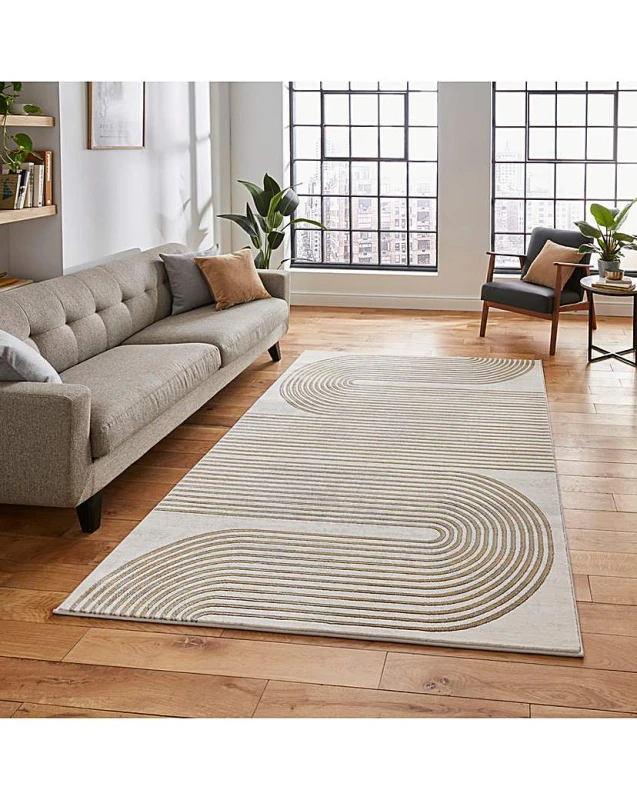 Image of Grey Gold Abstract Striped Modern Easy To Clean Rug For Dining Room-160Cm X 220Cm