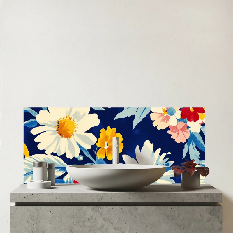 Image of Warren Reed - Designer Bright Spring Flowers In Bloom Glass Bathroom Splashback Multicolor Unisex