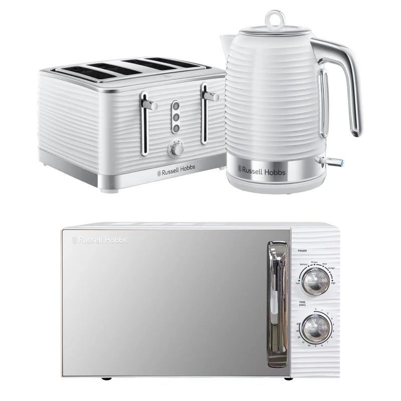 Image of Russell Hobbs Inspire Solo Microwave, Jug Kettle & 4-Slice Toaster Bundle - White 5056233840536