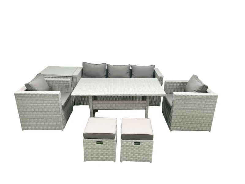 Image of Fimous Garden Dining Set Outdoor Rattan Furniture Set with Sofa Dining Table 2 Chairs 2 Small Footstools Side Table Light Grey Mixed Light Grey