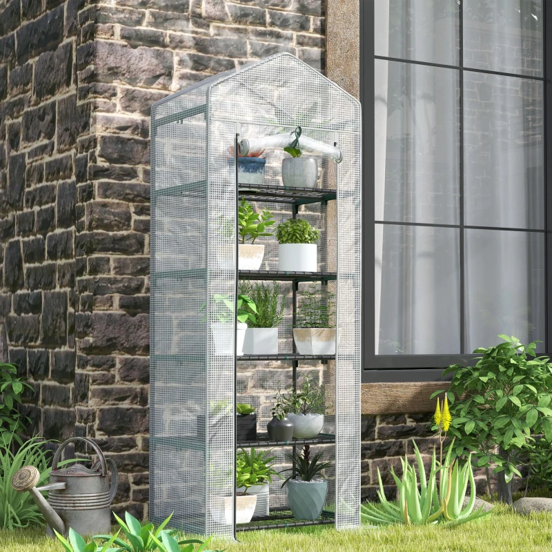 Image of Outsunny 5 Tier Mini Greenhouse Grow House w/ Roll Up Door, White/Grey Off White