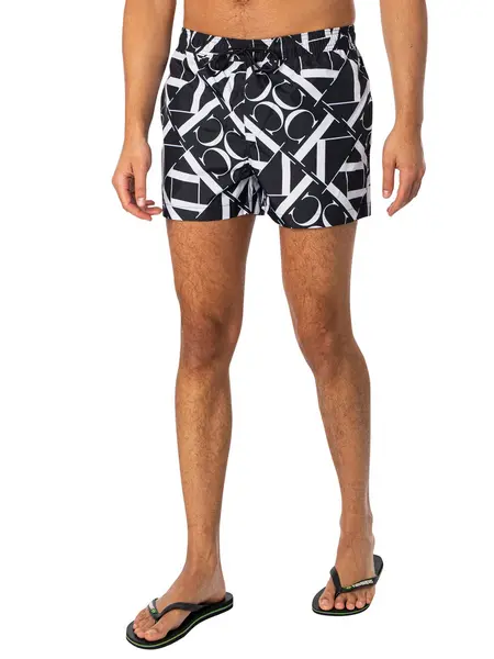 Image of Calvin Klein Short Drawstring Print Swim Shorts Monogram Black M