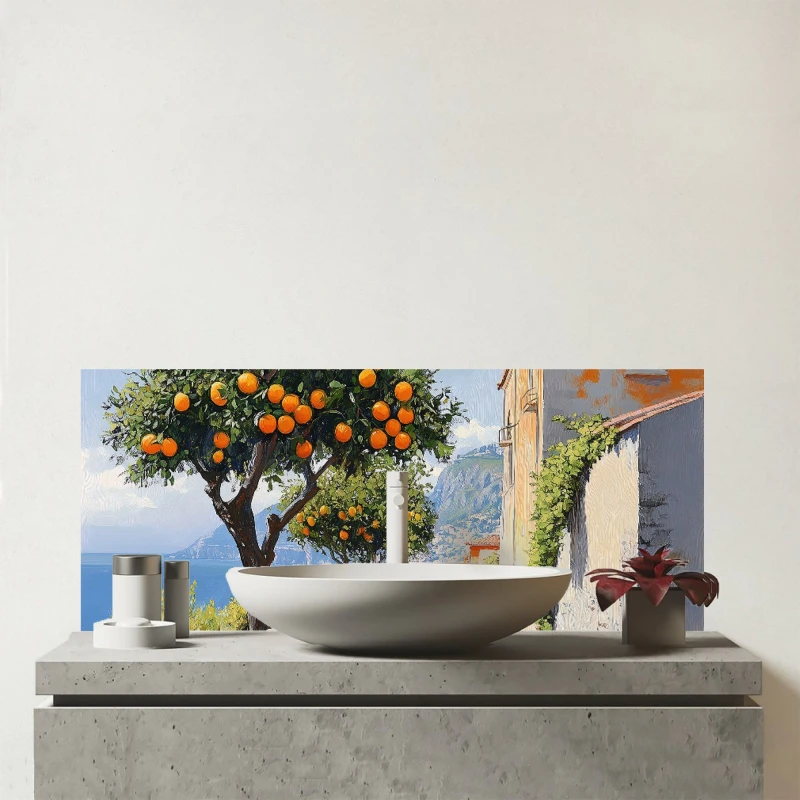 Image of Warren Reed - Designer Oranges Growing In Sorrento Glass Bathroom Splashback Multicolor Unisex
