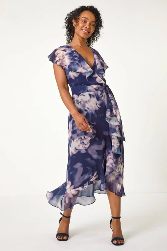 Image of Roman Womens Petite Floral Print Frill Midi Dress in Navy Size: 12 Navy Female 12