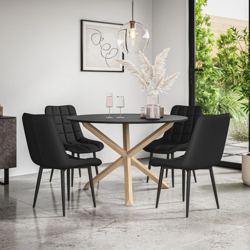 Image of More4Homes Malvern Round Dining Table And Chairs - Black Table Top W Solid Oak Legs + Nova Faux Leather Dining Chair Set Of 4 (Black)