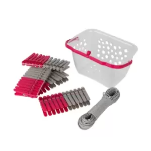 Image of Kleeneze 20m Peg Line and Basket with 48 Pegs - Grey and Pink