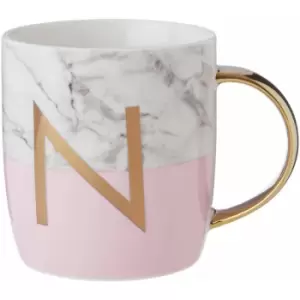 Image of Pastel Pink N Letter Monogram Mug Large Coffee / Tea Mug Stylish Marble Pattern With Golden Handle 9 x 9 x 12 - Premier Housewares
