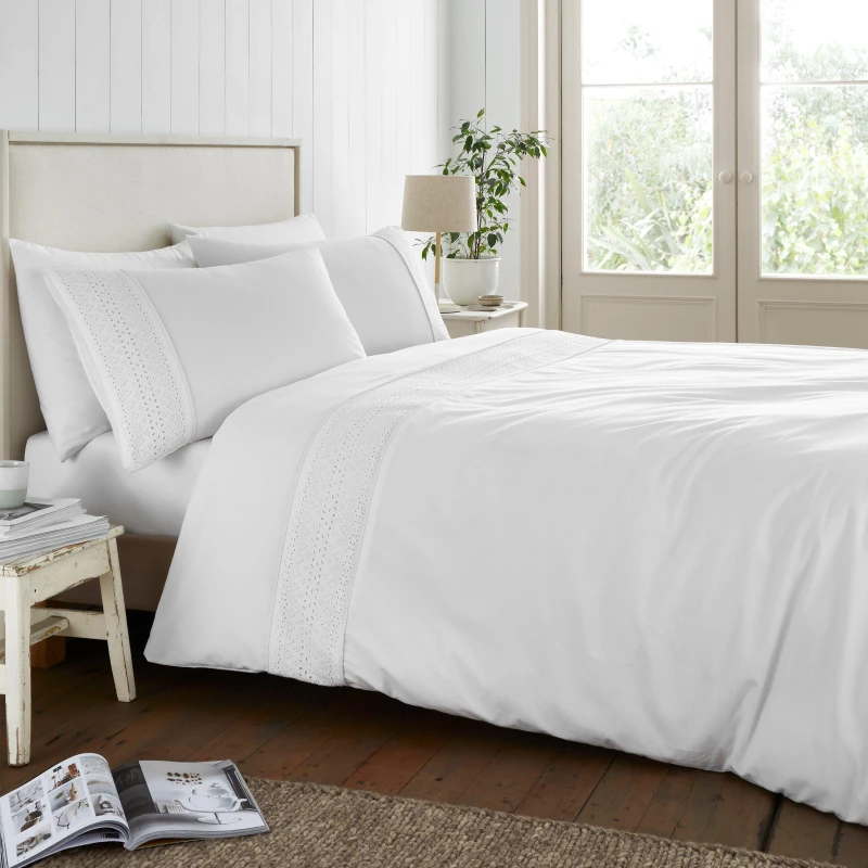 Image of Catherine Lansfield Broderie Anglaise Easy Care Duvet Cover Bedding Set White