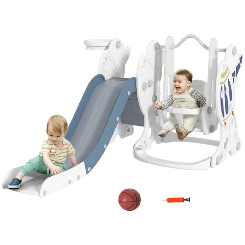Image of Aiyaplay Space-themed Slide And Swing Set For Kids W/ Basketball Hoop, Blue 331-038V00BU