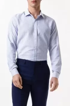 Image of Blue Slim Fit Long Sleeve Textured Striped Collar Shirt
