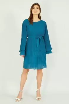 Image of Teal Pleated Dress With Double Fluted Long Sleeves