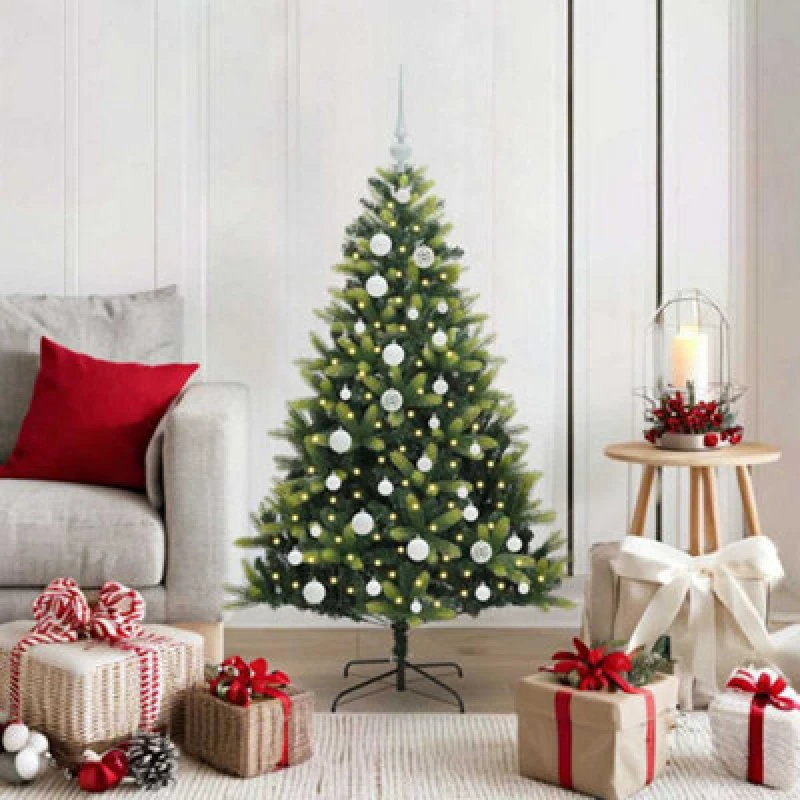 Image of vidaXL Artificial Hinged Christmas Tree 150 LEDs, White Balls Green 120 cm, Green 3395976