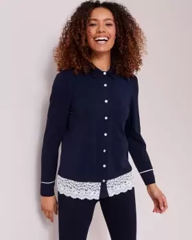 Image of Cotton Traders Womens Lace Trim Night Shirt in Blue