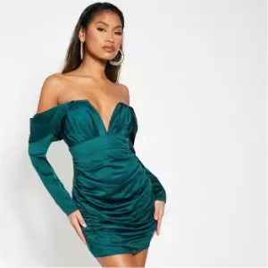 Image of I Saw It First Satin Drape Shoulder Ruched Long Sleeve Bodycon Dress - Green