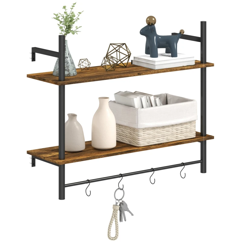 Image of HOMCOM Wall Shelf Unit with 4 Hooks for Living Room - Entryway - Rustic Brown TJ Hughes Grey 5063603580367