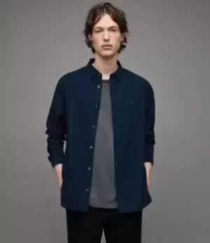 Image of AllSaints Mens Hawthorne Ramskull Stretch Fit Shirt, Dark Navy Blue, Size: M