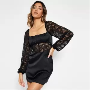 Image of I Saw It First Corset Ruched Lace Satin Mini Dress - Black