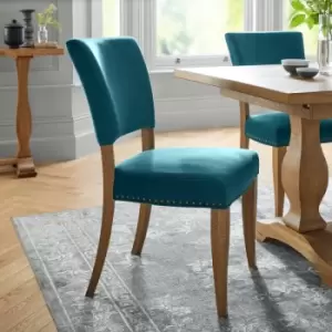 Image of Bentley Designs Vancouver Rustic Oak Upholstered Chair - Sea Green Velvet Fabric Pair, Ripped