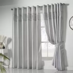 Image of Isabella Rose Cannes Faux Silk Pintuck Embellished Eyelet Curtains - Silver - 167cm (66") X 229cm (90") TJ Hughes