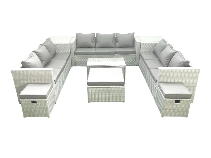 Image of Fimous Rattan Garden Outdoor Furniture Set 12 Seater Garden Sofa Coffee Table Set with 3 Footstools 2 Side Tables Light Grey Mixed Light Grey