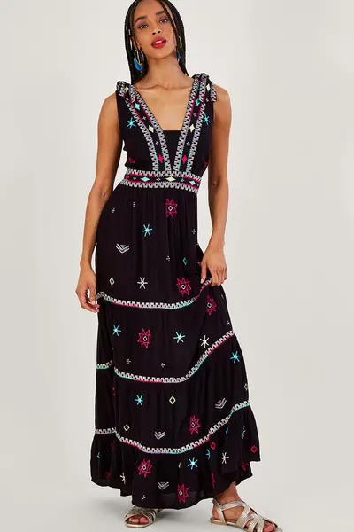 Image of Monsoon Wide Strap Motif Embroidered Maxi Cami Dress Black