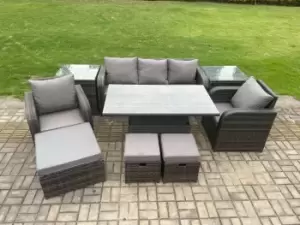 Image of Fimous 5 Seater Outdoor Dark Grey Rattan Lounge Sofa Complete Set with Adjustable Table, 2 Stools and Big Footstool