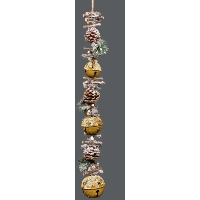 Image of Shatchi Hanging Decoration with Jingle Bells Wooden Sticks, Berries and Pinecones Christmas Home Wall Door 90cm Golden Gold