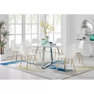 Image of Furniture Box Santorini White Round Dining Table and 6 White Corona Gold Leg Chairs